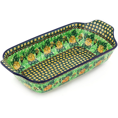Polish Pottery Rectangular Baker with Handles 14&quot; Golden Floral UNIKAT