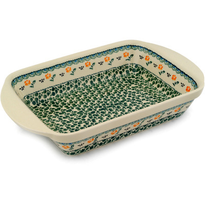 Polish Pottery Rectangular Baker with Handles 14&quot; Green Bubbles