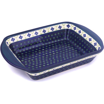 Polish Pottery Rectangular Baker with Handles 14&quot; Green Gingham Peacock