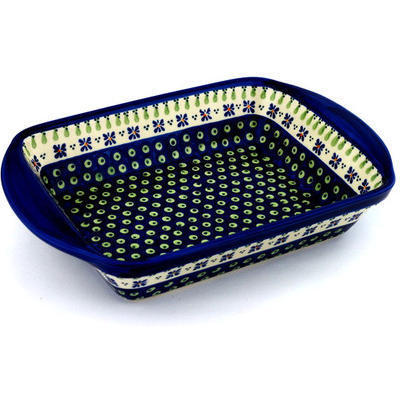 Polish Pottery Rectangular Baker with Handles 14&quot; Green Gingham Peacock