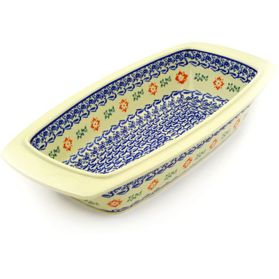 Polish Pottery Rectangular Baker with Handles 14&quot; Holiday Flowers