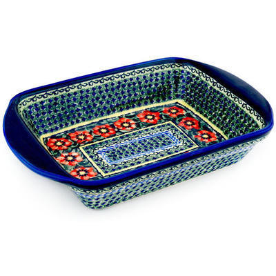Polish Pottery Rectangular Baker with Handles 14&quot; Poppies All Around UNIKAT