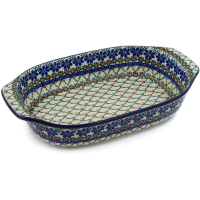 Polish Pottery Rectangular Baker with Handles 14" Primrose Trellis