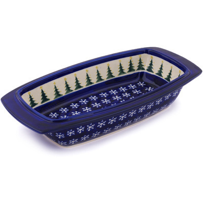 Polish Pottery Rectangular Baker with Handles 14&quot; Snow Under The Pines