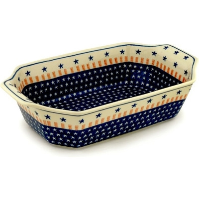 Polish Pottery Rectangular Baker with Handles 14&quot; Stars And Stripes
