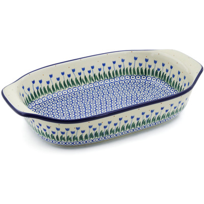 Polish Pottery Rectangular Baker with Handles 14" Water Tulip