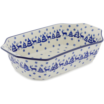 Polish Pottery Rectangular Baker with Handles 14" Winter Deer