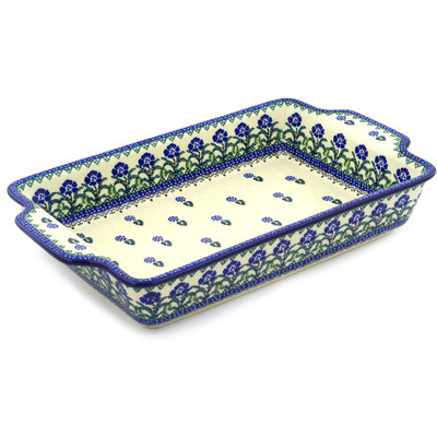 Polish Pottery Rectangular Baker with Handles 15&quot; Blackberry Blooms