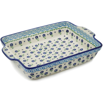 Polish Pottery Rectangular Baker with Handles 15&quot; Blue Bursts