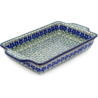 Polish Pottery Rectangular Baker with Handles 15&quot; Blue Dogwood