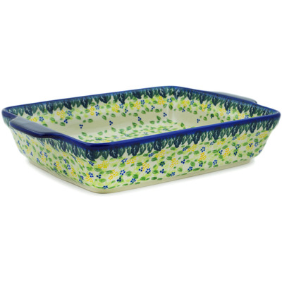 Polish Pottery Rectangular Baker with Handles 15&quot; Blue Happy Fields UNIKAT