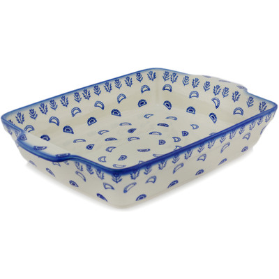 Polish Pottery Rectangular Baker with Handles 15" Blue Pierogi