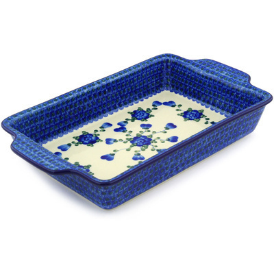 Polish Pottery Rectangular Baker with Handles 15&quot; Blue Poppies