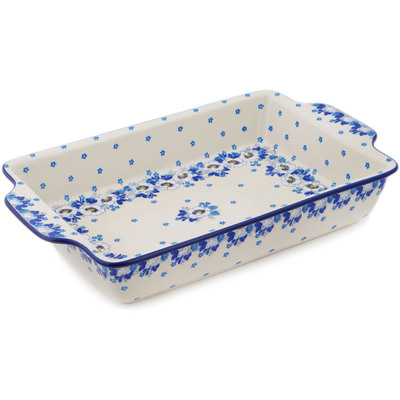 Polish Pottery Rectangular Baker with Handles 15&quot; Blue Spring