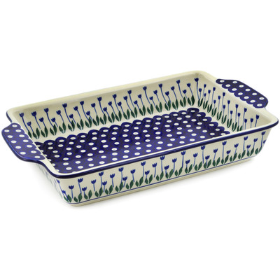 Polish Pottery Rectangular Baker with Handles 15&quot; Blue Tulip Peacock