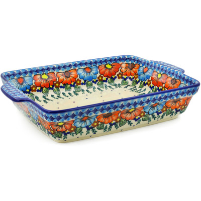 Polish Pottery Rectangular Baker with Handles 15&quot; Bold Poppies