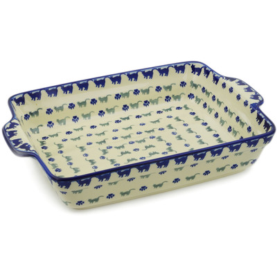 Polish Pottery Rectangular Baker with Handles 15&quot; Boo Boo Kitty Paws
