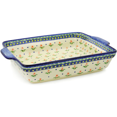 Polish Pottery Rectangular Baker with Handles 15&quot; Cocentric Tulips