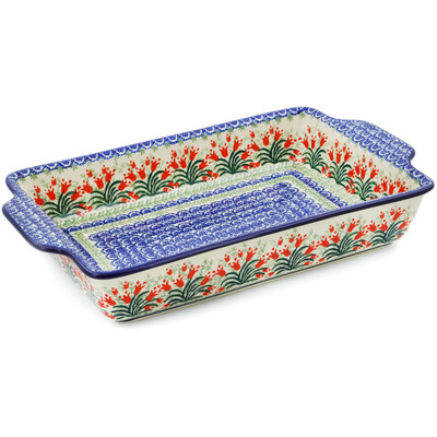 Polish Pottery Rectangular Baker with Handles 15&quot; Crimson Bells