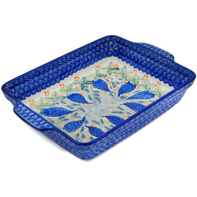 Polish Pottery Rectangular Baker with Handles 15&quot; Elisas Bluebonnets UNIKAT