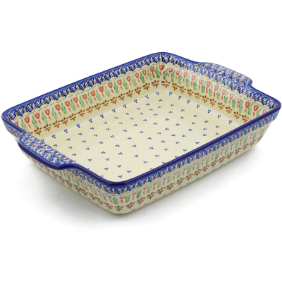 Polish Pottery Rectangular Baker with Handles 15" Fluttering Tulips