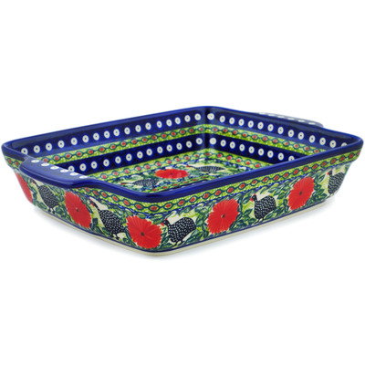 Polish Pottery Rectangular Baker with Handles 15&quot; Fowl In The Florals UNIKAT