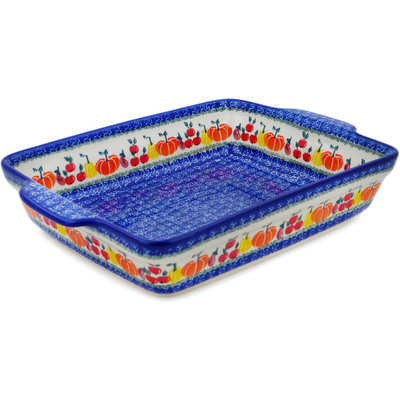 Polish Pottery Rectangular Baker with Handles 15&quot; Fresh Vegetable Garden