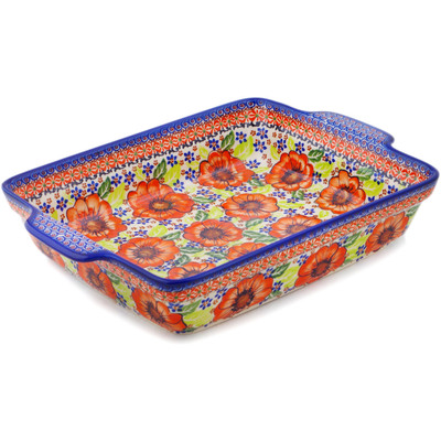 Polish Pottery Rectangular Baker with Handles 15&quot; Orange Zinnia UNIKAT