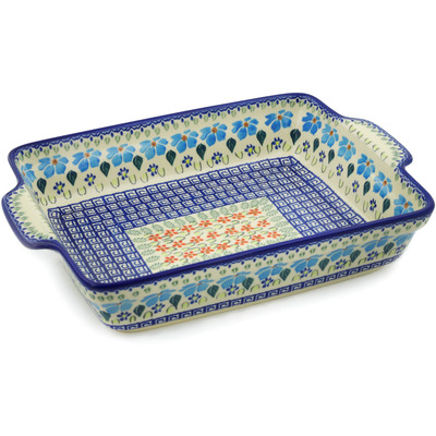 Polish Pottery Rectangular Baker with Handles 15&quot; Pansy Morning