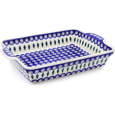 Polish Pottery Rectangular Baker with Handles 15" Peacock