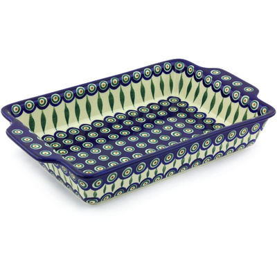 Polish Pottery Rectangular Baker with Handles 15&quot; Peacock Leaves