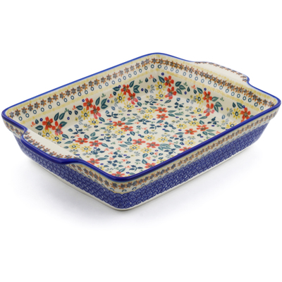 Polish Pottery Rectangular Baker with Handles 15&quot; Red Anemone Meadow UNIKAT