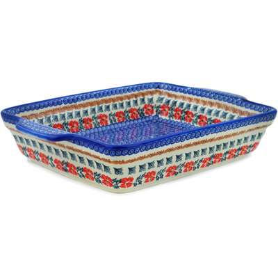 Polish Pottery Rectangular Baker with Handles 15&quot; Red Cornflower