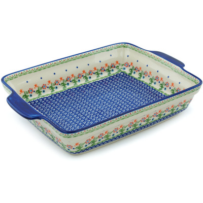 Polish Pottery Rectangular Baker with Handles 15&quot; Spring Flowers