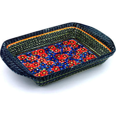 Polish Pottery Rectangular Baker with Handles 16&quot; Blue And Red Poppies UNIKAT