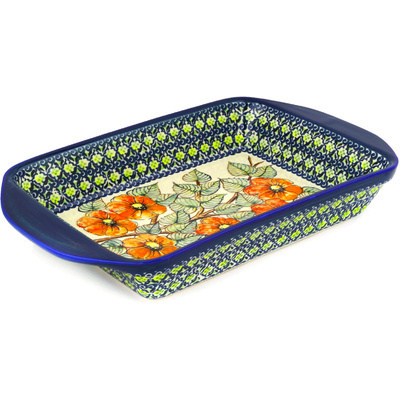 Polish Pottery Rectangular Baker with Handles 16&quot; Checkered Lime UNIKAT