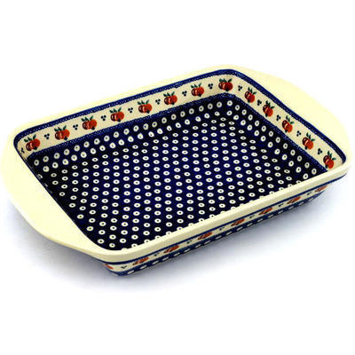 Polish Pottery Rectangular Baker with Handles 16&quot; Country Apple Peacock