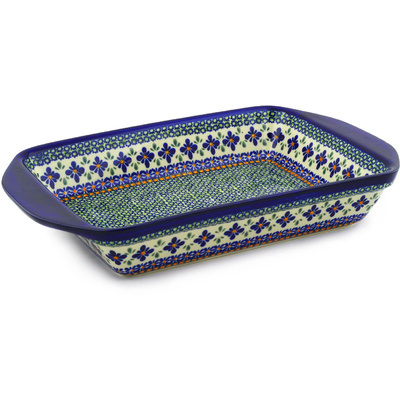 Polish Pottery Rectangular Baker with Handles 16&quot; Gingham Flowers
