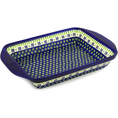 Polish Pottery Rectangular Baker with Handles 16&quot; Green Gingham Peacock