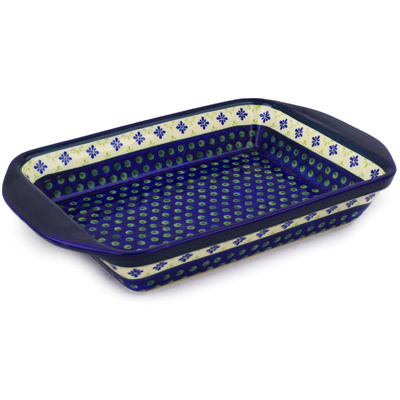 Polish Pottery Rectangular Baker with Handles 16" Green Gingham Peacock