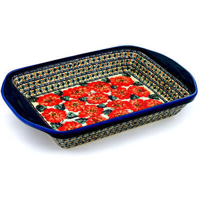 Polish Pottery Rectangular Baker with Handles 16&quot; Peach Poppies UNIKAT