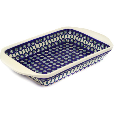 Polish Pottery Rectangular Baker with Handles 16&quot; Peacock Leaves