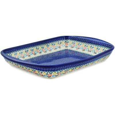 Polish Pottery Rectangular Baker with Handles 16&quot; Spring Flower Ring