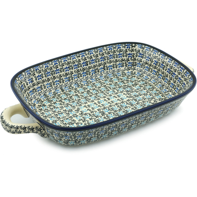 Polish Pottery Rectangular Baker with Handles 18&quot; Black And Blue Lace