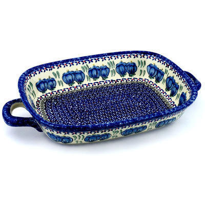 Polish Pottery Rectangular Baker with Handles 18&quot; Blue Bulbs