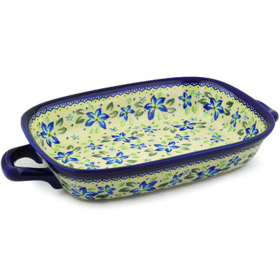 Polish Pottery Rectangular Baker with Handles 18&quot; Blue Clematis