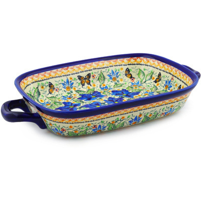 Polish Pottery Rectangular Baker with Handles 18&quot; Butterfly Meadow UNIKAT