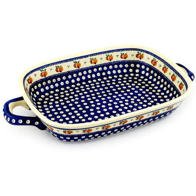Polish Pottery Rectangular Baker with Handles 18&quot; Country Apple Peacock