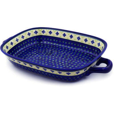 Polish Pottery Rectangular Baker with Handles 18&quot; Green Gingham Peacock
