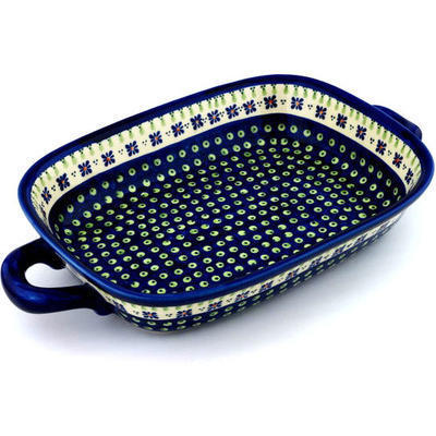 Polish Pottery Rectangular Baker with Handles 18&quot; Green Gingham Peacock